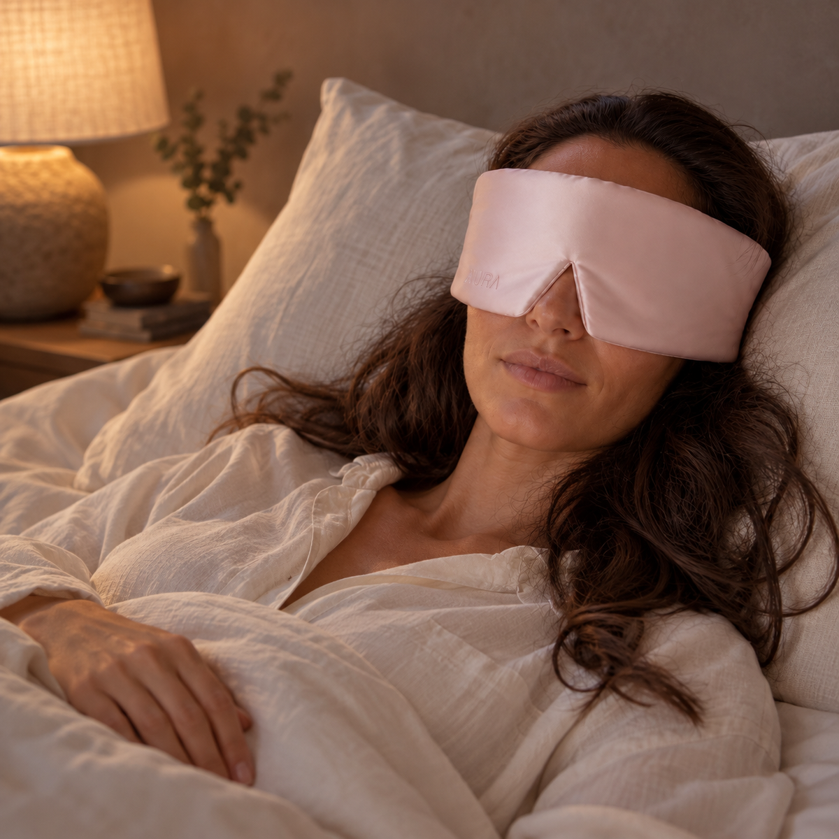 Woman wearing the Aura silk sleep mask in Pearl Blush in bed at dusk